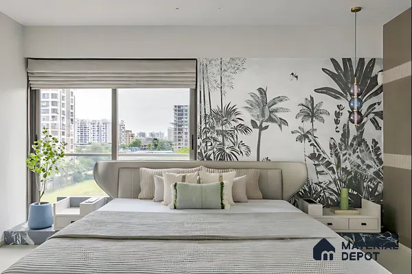 Modern bedroom with monochrome tropical wallpaper and upholstered bed