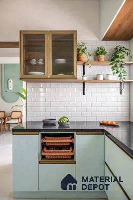 Modern kitchen with pastel green laminate cabinets, black granite countertop, and white subway tile backsplash