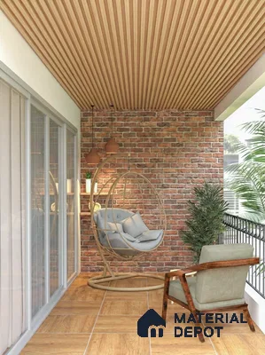 Scandinavian balcony with brick cladding wall, wood-look floor tiles, and fluted wood ceiling panels