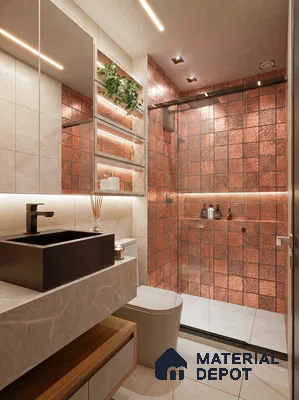 Modern bathroom with terracotta patterned highlighter wall tiles and beige marble vanity