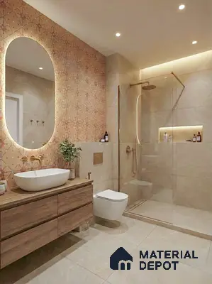 Modern bathroom with beige marble-look tiles, patterned highlighter wall tile, and wood vanity