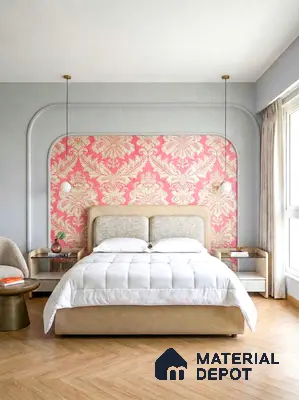 Art Deco bedroom with pink damask wallpaper and herringbone wooden flooring