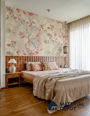 Japandi bedroom with chinoiserie floral wallpaper, natural wood flooring, and grid wood headboard