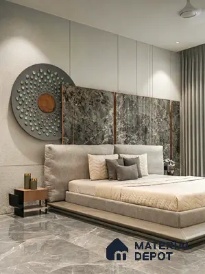 Modern bedroom with grey marble accent wall panels and polished grey marble floor tiles