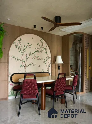 Art Deco dining room with chinoiserie wallpaper, marble dining table, and wood paneling