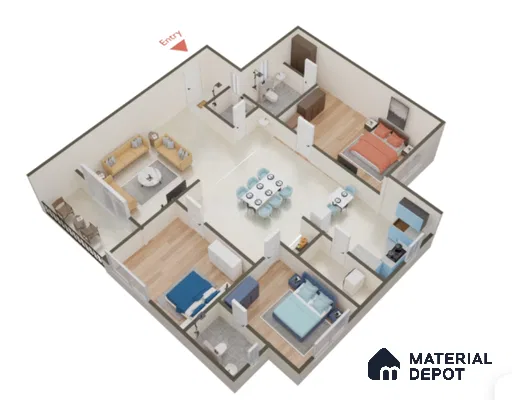 Modern 3BHK apartment layout with marble floor tiles, wooden flooring in bedrooms, and modular kitchen