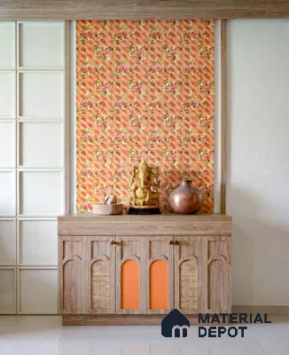 Traditional pooja room with floral wallpaper, light wood laminate cabinet, and cane panel accents