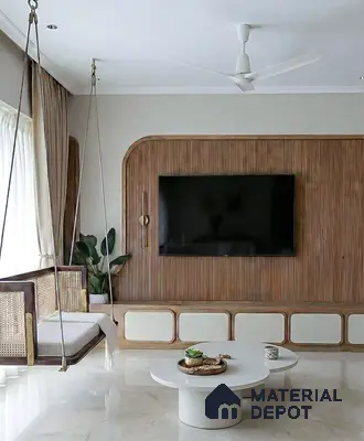 Scandinavian living room with fluted oak wood wall panels, cane swing, and ivory marble flooring