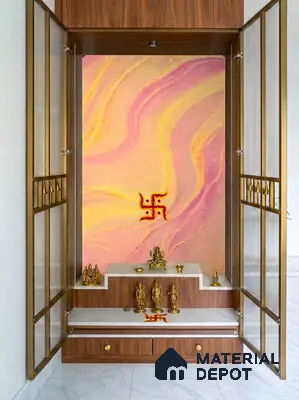 Modern pooja room with pastel marble-look wallpaper and walnut wood laminate