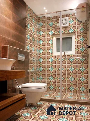 Eclectic bathroom with turquoise and brown moroccan patterned tiles and wooden vanity