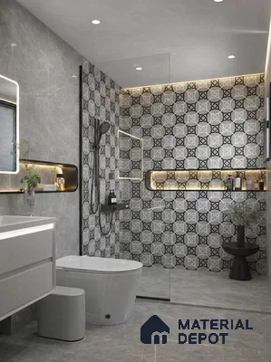 Modern bathroom with grey marble wall tiles and black-and-white geometric patterned shower wall tiles