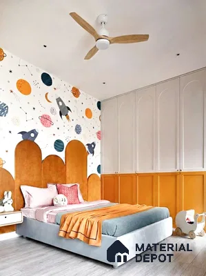 Modern kids room with space-themed wallpaper, suede orange headboard, and dual tone wardrobe
