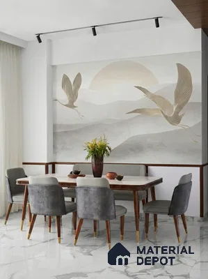 Modern dining room with marble floor tiles and crane mural wallpaper accent wall