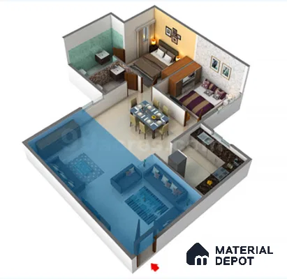 Modern living room with beige floor tile, blue sectional sofa, and accent rug