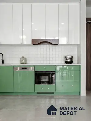 Modern dual tone kitchen with glossy white and pastel green laminate cabinets and white tile backsplash