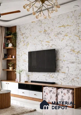Modern living room with marble-look laminate TV wall, walnut wood laminate, and fluted wooden panels