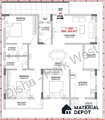 Modern 3BHK apartment floor plan with spacious living, dining, kitchen, and three bedrooms