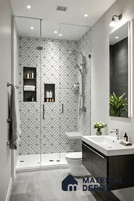 Modern bathroom with geometric black-and-white wall tiles and grey stone floor tiles