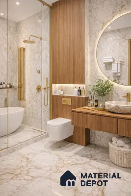 Modern bathroom with gold vein marble tiles and walnut wood laminate vanity
