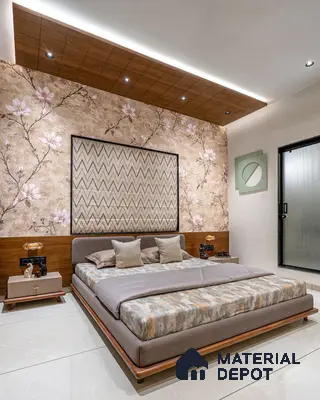 Modern bedroom with floral wallpaper, wooden ceiling panels, and beige floor tiles