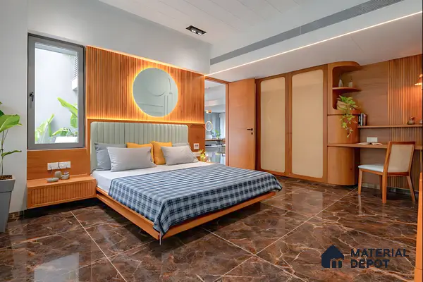 Mid-century modern bedroom with walnut brown marble floor tiles and fluted wood panel headboard