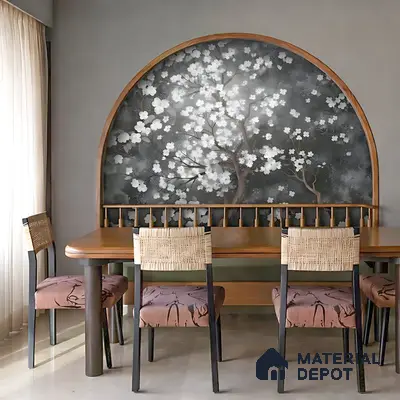 Japandi dining room with floral mural wallpaper, natural wood dining table, and woven rattan chairs