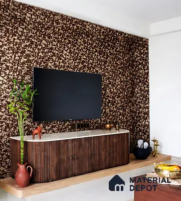 Modern TV unit with brown patterned wallpaper and fluted wood laminate cabinet