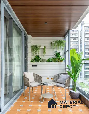 Modern balcony with terracotta patterned floor tiles, wooden ceiling panels, and vertical garden wall of 2 BHK apartment in DNR Casablanca Narayanapura Bengaluru