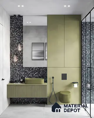 Modern bathroom with olive green fluted vanity, terrazzo wall tiles, and matte black fixtures of 2 BHK apartment in DNR Casablanca Narayanapura Bengaluru