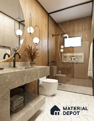 Modern bathroom with wood-look wall tiles and marble-look floor tiles of 2 BHK apartment in DNR Casablanca Narayanapura Bengaluru