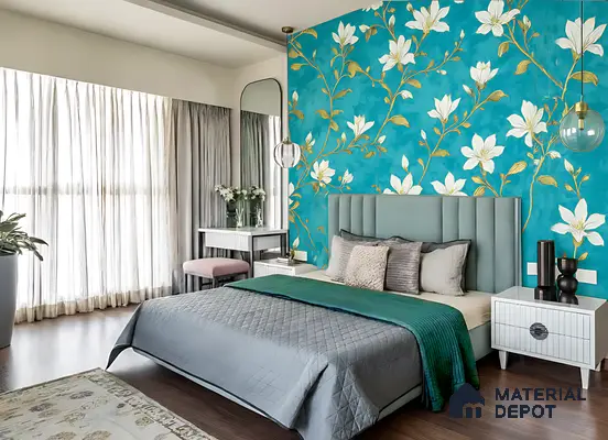 Modern bedroom with turquoise floral wallpaper, suede upholstered bed, and wooden flooring of 2 BHK apartment in DNR Casablanca Narayanapura Bengaluru