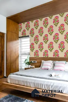 Modern bedroom with floral wallpaper and walnut wood laminate finishes of 2 BHK apartment in DNR Casablanca Narayanapura Bengaluru