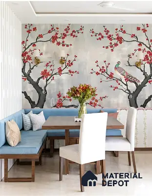 Eclectic dining room with chinoiserie wallpaper, blue upholstered bench, and marble floor tile of 2 BHK apartment in DNR Casablanca Narayanapura Bengaluru