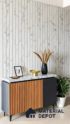 Modern foyer with marble-look fluted wall panels and wood louver cabinet of 2 BHK apartment in DNR Casablanca Narayanapura Bengaluru