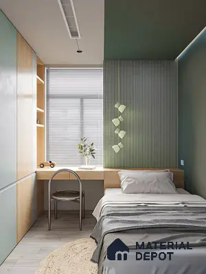 Scandinavian bedroom with sage green laminate wardrobe, fluted wall panel, and light wood accents of 2 BHK apartment in DNR Casablanca Narayanapura Bengaluru
