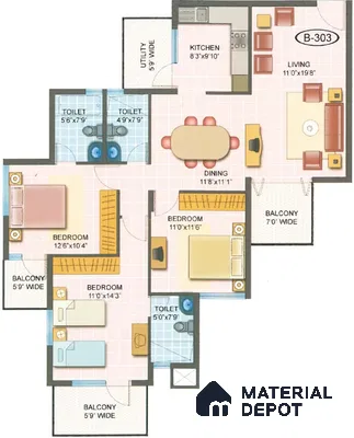 Modern 3BHK apartment floor plan with tiled flooring and built-in wardrobes of 3 BHK apartment in Dsr Spring Brookefield in Bengaluru