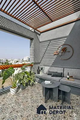 Modern balcony with patterned moroccan floor tiles and wooden louver pergola of 3 BHK apartment in Dsr Spring Brookefield in Bengaluru