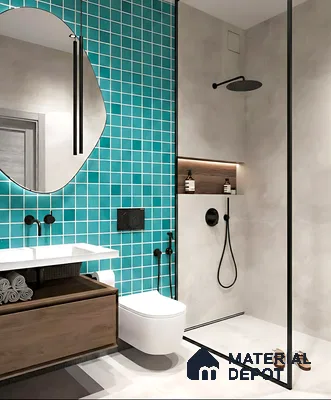 Modern bathroom with turquoise grid wall tiles, concrete-look wall tiles, and wooden vanity of 3 BHK apartment in Dsr Spring Brookefield in Bengaluru