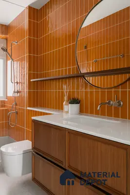 Modern bathroom with glossy terracotta vertical subway wall tiles and white quartz countertop of 3 BHK apartment in Dsr Spring Brookefield in Bengaluru