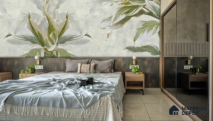 Modern bedroom with botanical floral wallpaper, fluted wood panel headboard, and mirrored wardrobe of 3 BHK apartment in Dsr Spring Brookefield in Bengaluru