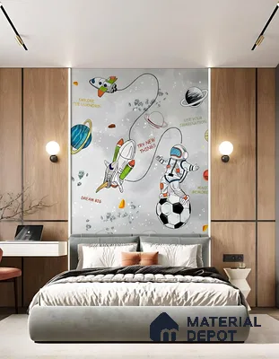 Modern kids room with space-themed wallpaper and light wood laminate wall panels of 3 BHK apartment in Dsr Spring Brookefield in Bengaluru