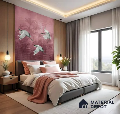 Modern bedroom with blush pink chinoiserie wallpaper, light wood wall panels, and soft neutral palette of 3 BHK apartment in Dsr Spring Brookefield in Bengaluru
