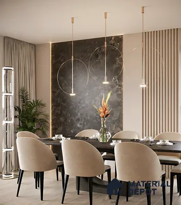 Modern dining room with beige suede chairs, black marble accent wall, and light wood fluted panels of 3 BHK apartment in Dsr Spring Brookefield in Bengaluru