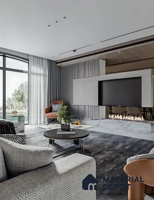 Modern living room with grey fluted wall panels, marble-look flooring, and minimalist TV unit of 3 BHK apartment in Dsr Spring Brookefield in Bengaluru