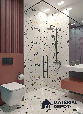Modern bathroom with terrazzo wall and floor tiles, terracotta fluted wall panel, and floating vanity of 3 BHK apartment in Dsr lotus towers whitefield Bengaluru
