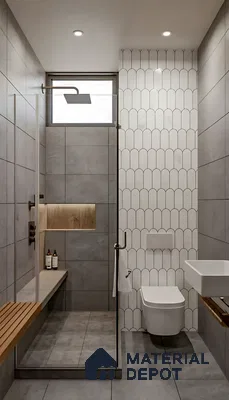 Minimalist bathroom with grey stone tiles and white scallop wall tiles of 3 BHK apartment in Dsr lotus towers whitefield Bengaluru