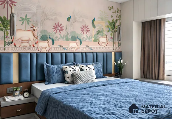 Eclectic bedroom with Pichwai wallpaper and blue suede upholstered headboard of 3 BHK apartment in Dsr lotus towers whitefield Bengaluru