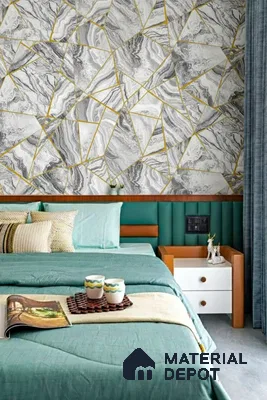 Modern bedroom with geometric marble wallpaper, teal upholstered headboard, and wooden accents of 3 BHK apartment in Dsr lotus towers whitefield Bengaluru