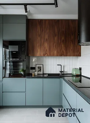 Modern kitchen with blue matte laminate, walnut wood laminate, and white vertical subway backsplash tile of 3 BHK apartment in Dsr lotus towers whitefield Bengaluru