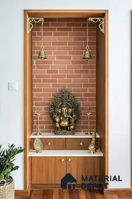 Traditional pooja room with brick cladding wall and wooden laminate cabinetry of 3 BHK apartment in Dsr lotus towers whitefield Bengaluru
